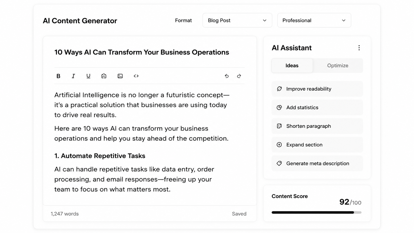 AI content generator writing interface