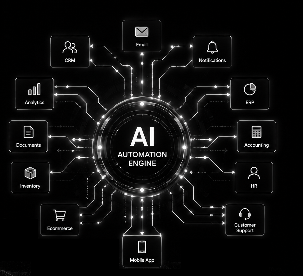 AI Automation Engine diagram connecting CRM, Analytics, Documents, Inventory, Ecommerce, Mobile App, HR, Customer Support, Accounting, ERP, Notifications, and Email