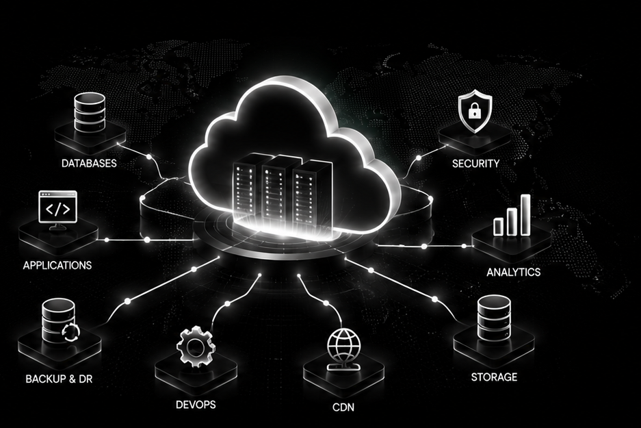 Cloud infrastructure diagram connecting databases, applications, backup and disaster recovery, DevOps, CDN, storage, analytics and security to a central cloud platform