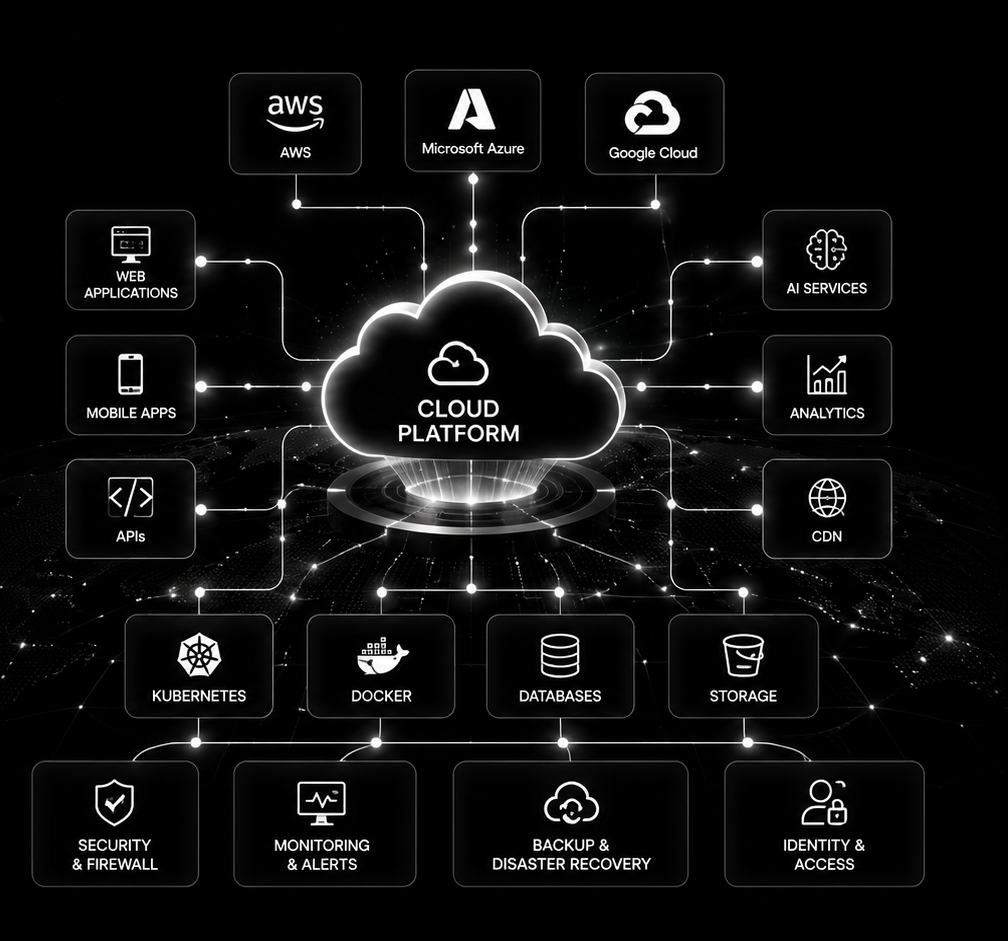 Cloud platform diagram connecting AWS, Microsoft Azure, Google Cloud, web and mobile applications, APIs, AI services, analytics, CDN, Kubernetes, Docker, databases, storage, security, monitoring, backup and identity management