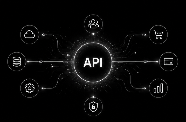API diagram connecting cloud, database, settings, people, cart, payments, and analytics