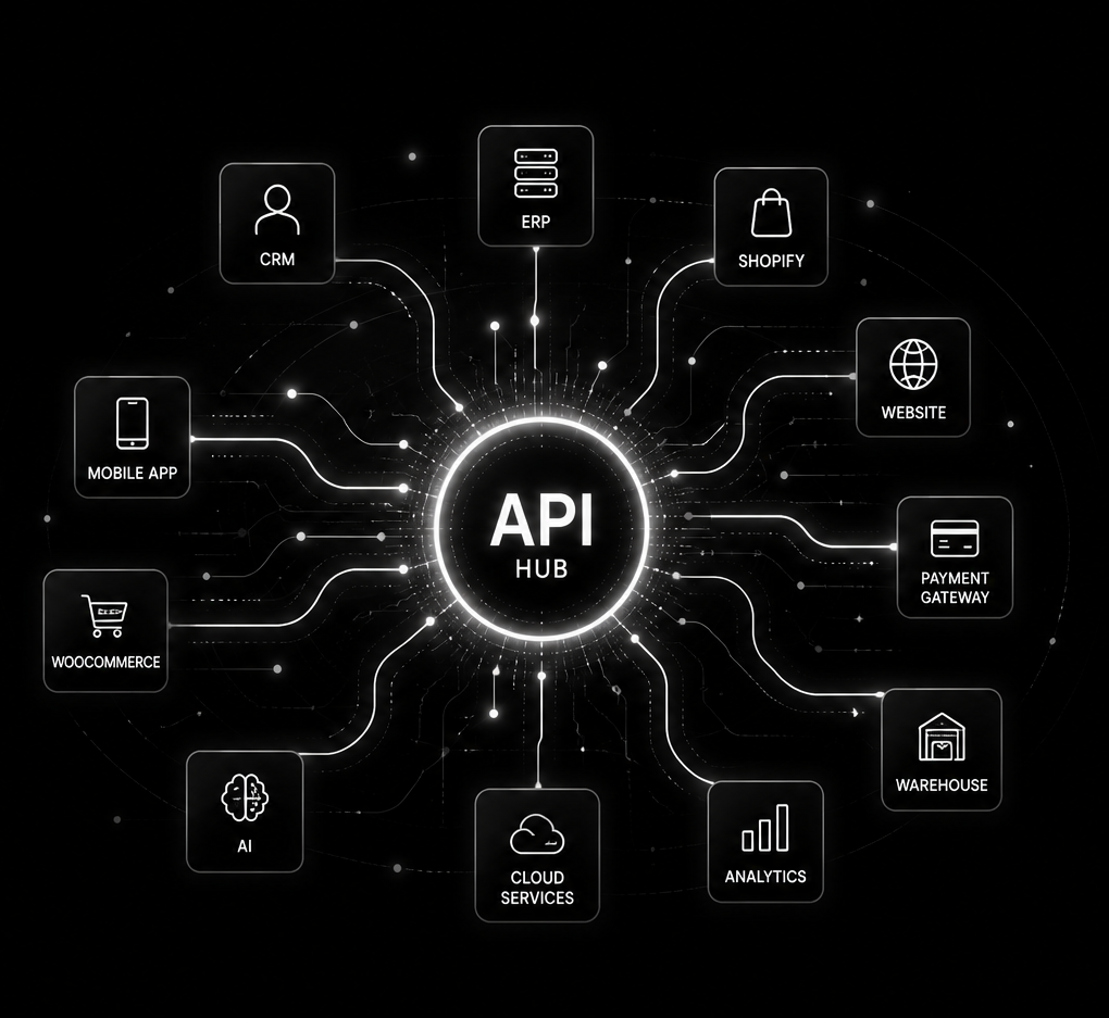 API Hub diagram connecting CRM, ERP, Shopify, website, payment gateway, warehouse, analytics, cloud services, AI, WooCommerce, and mobile app
