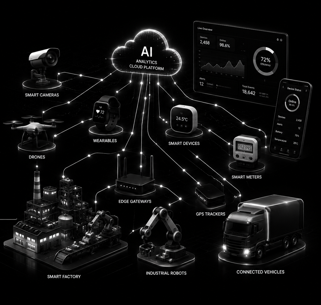 IoT device network diagram connecting smart cameras, drones, wearables, smart devices, smart meters, edge gateways, GPS trackers, smart factory, industrial robots, and connected vehicles to an AI analytics cloud platform