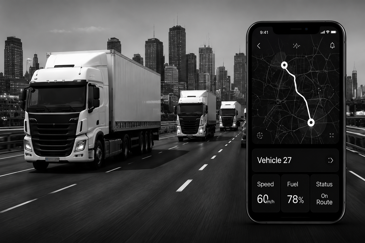 Fleet of trucks with vehicle tracking mobile app