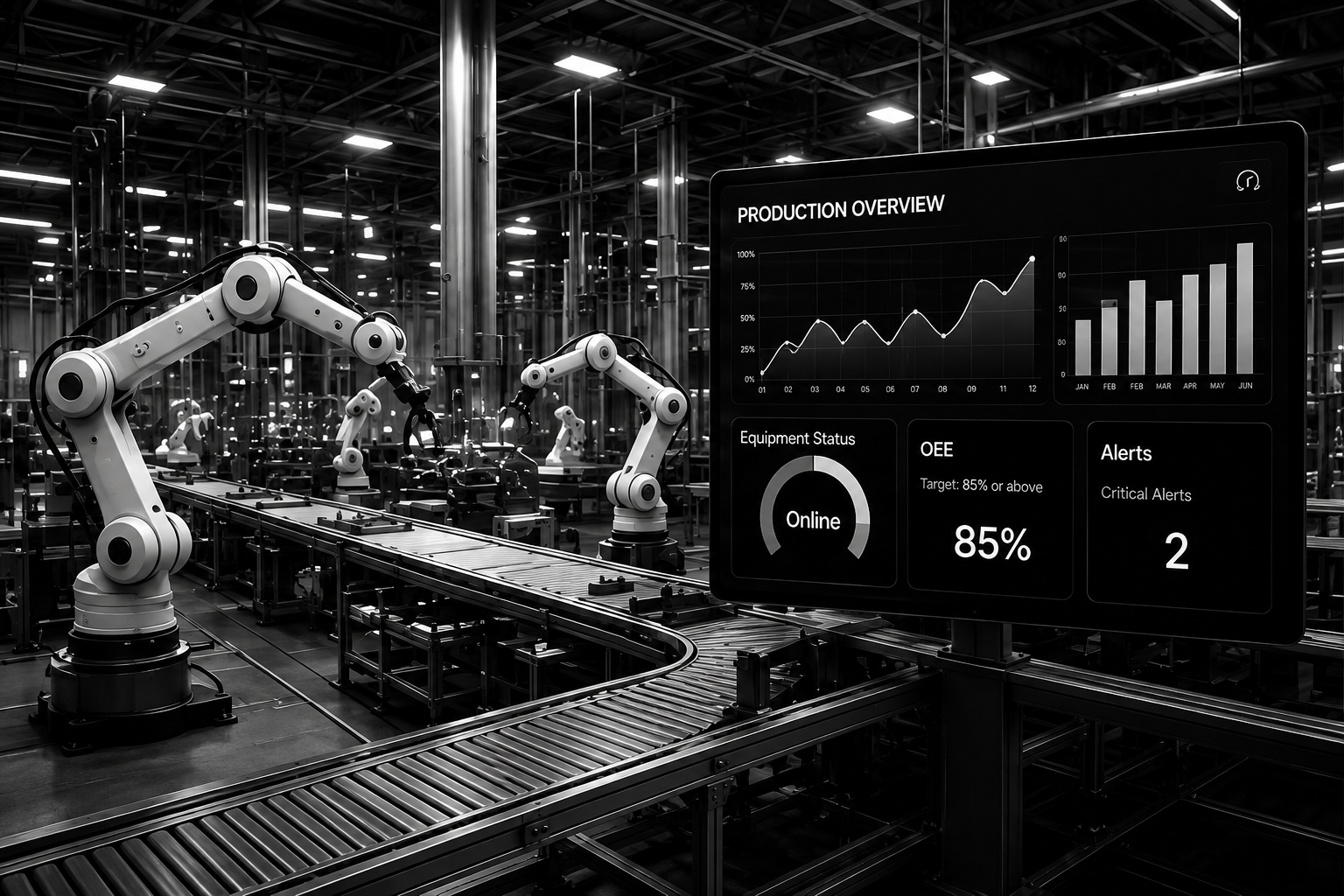Smart manufacturing factory floor with production dashboard